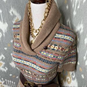 Ralph Lauren Tan Multi Fair Isle Wool Lamb Cashmere Shawl Collar Peplum Sweater